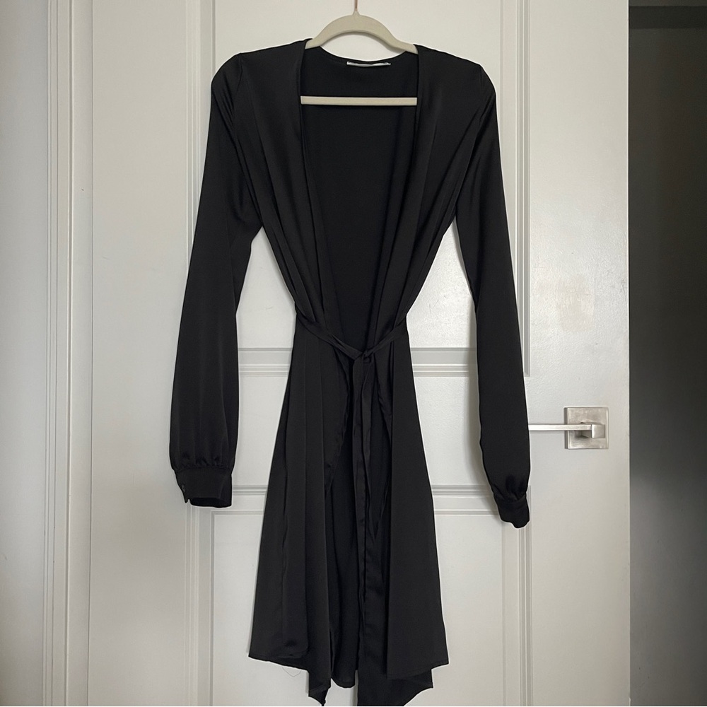 M Boutique Black Long-Sleeve Satin Robe with Tie Belt